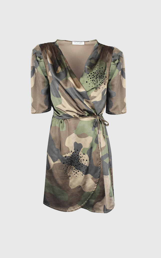 Wrap mini dress with camouflage print, short sleeves, and studded floral embellishments
