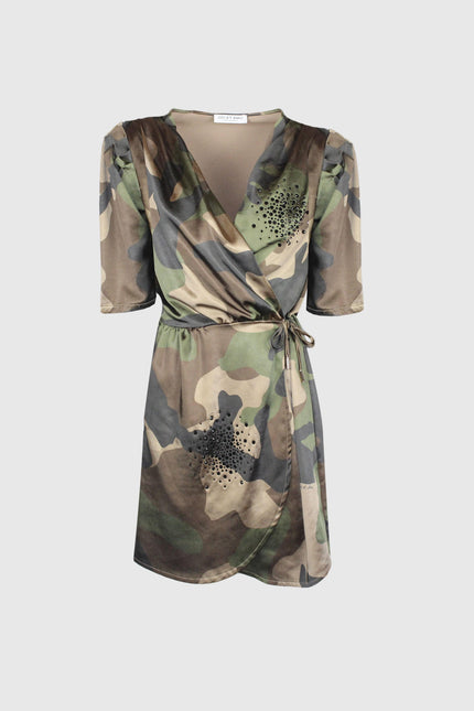 Wrap mini dress with camouflage print, short sleeves, and studded floral embellishments