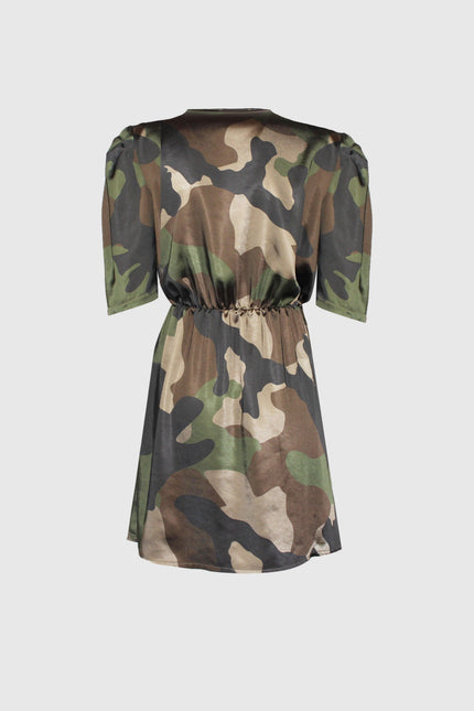 Back view of short-sleeve camo print mini dress with elastic waist on white background