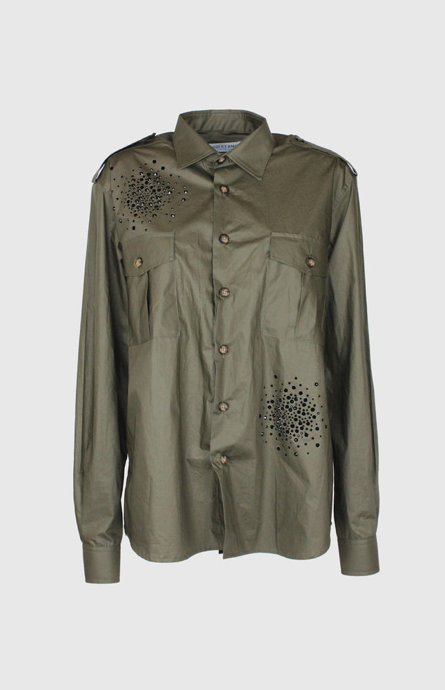 CAMICIA SAFARI MILITARE IN COTONE GIZA APPLICAZIONE CRISTALLI NERI BIG BANG