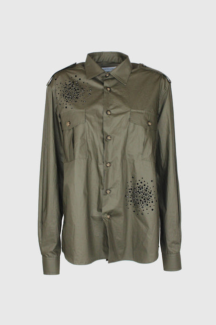 CAMICIA SAFARI MILITARE IN COTONE GIZA APPLICAZIONE CRISTALLI NERI BIG BANG
