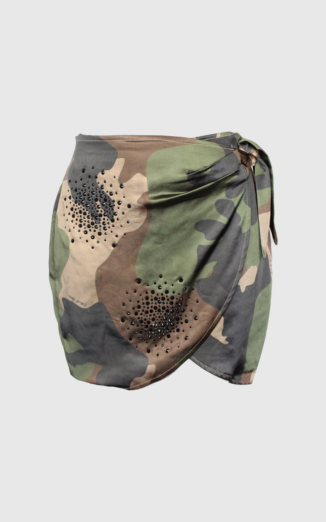 Camouflage wrap mini skirt with side tie and black stud embellishments, women's fashion