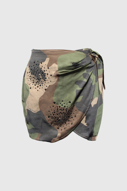 MINIGONNA A PORTAFOGLIO STAMPA MIMETICA IN VISCOSA CON APPLICAZIONE CRISTALLI NERI BIG BANG