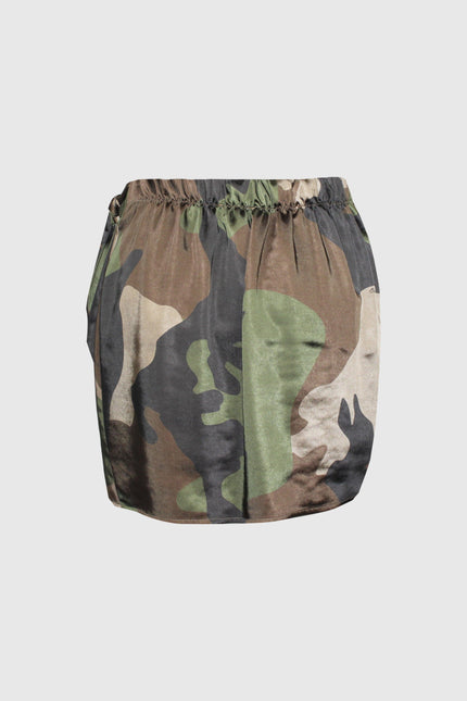 MINIGONNA A PORTAFOGLIO STAMPA MIMETICA IN VISCOSA CON APPLICAZIONE CRISTALLI NERI BIG BANG