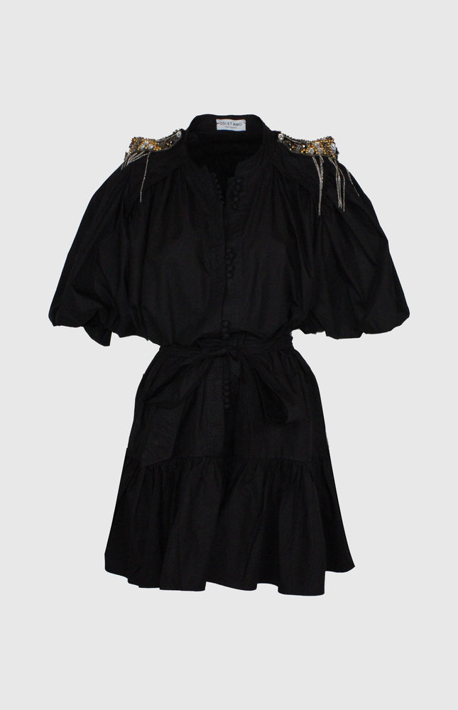 ABITO MANICA CORTA IN POPELINE NERO CON BOTTONI E SPALLINE