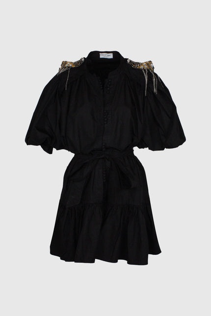 Short black dress with puff sleeves, embellished shoulders, and belted waist on white background