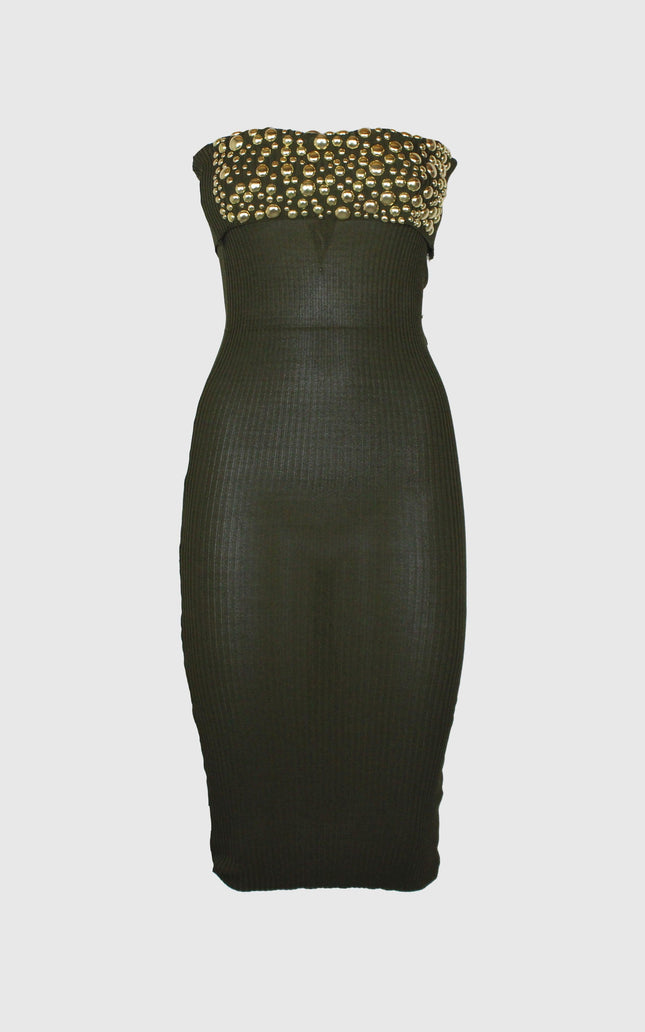 Black strapless bodycon dress with gold studs detail on bodice, chic women's fashion