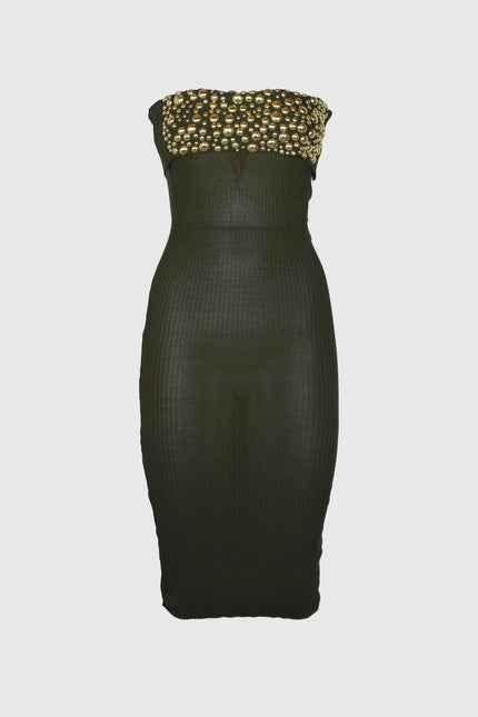 ABITO TUBINO A COSTE IN MAGLIA ADERENTE DECOLLETE CON BORCHIE ORO