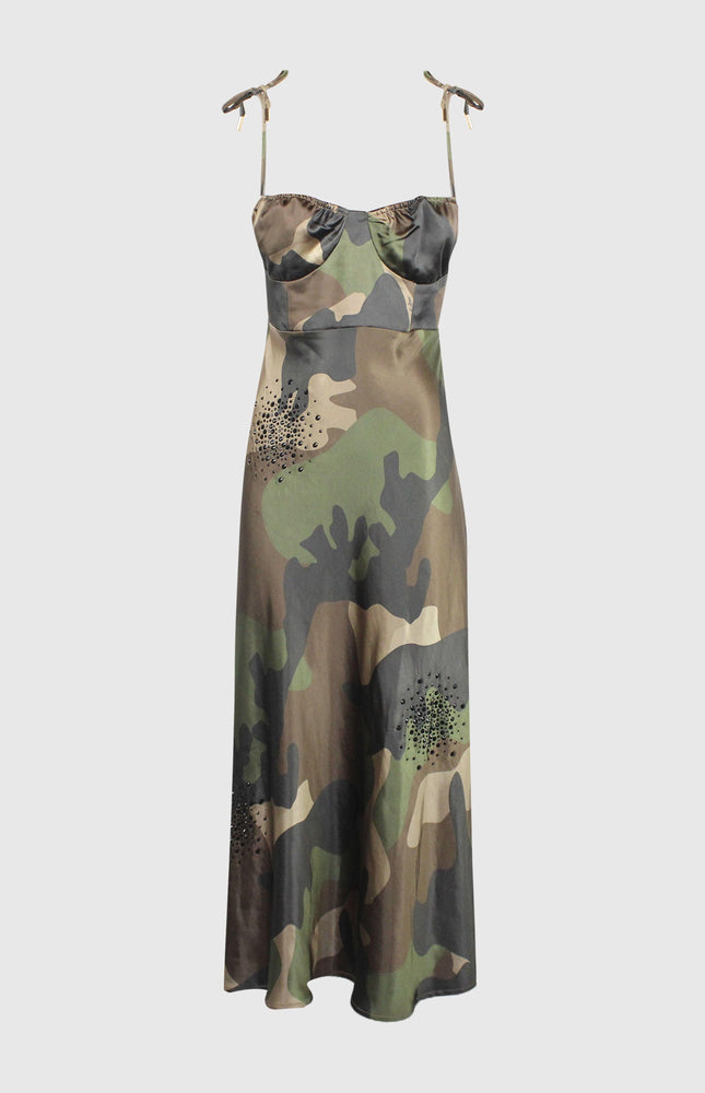 ABITO MIDI CON SPALLINE E CORPETTO STAMPA MIMETICA E CRISTALLI NERI BIG BANG