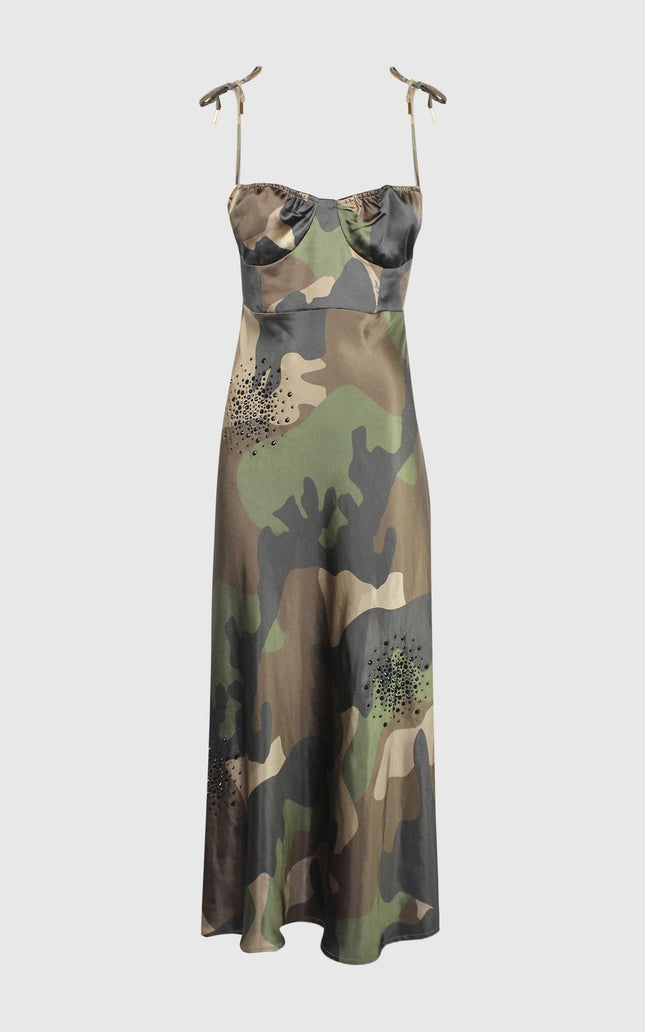 Sleeveless camouflage print dress with tie straps and black stud embellishments