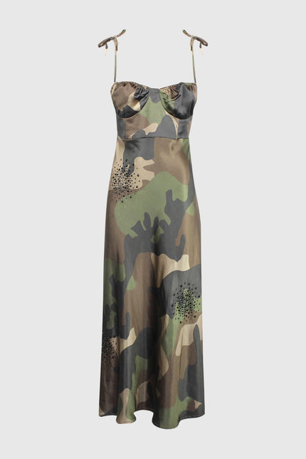 Sleeveless camouflage print dress with tie straps and black stud embellishments