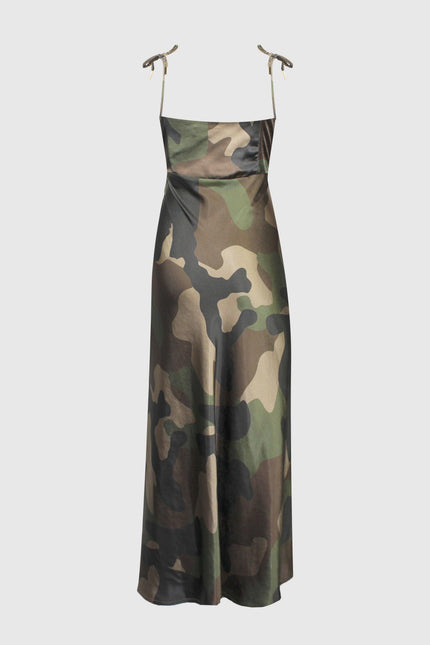 Sleeveless camo print maxi dress with thin shoulder tie straps, women's fashion