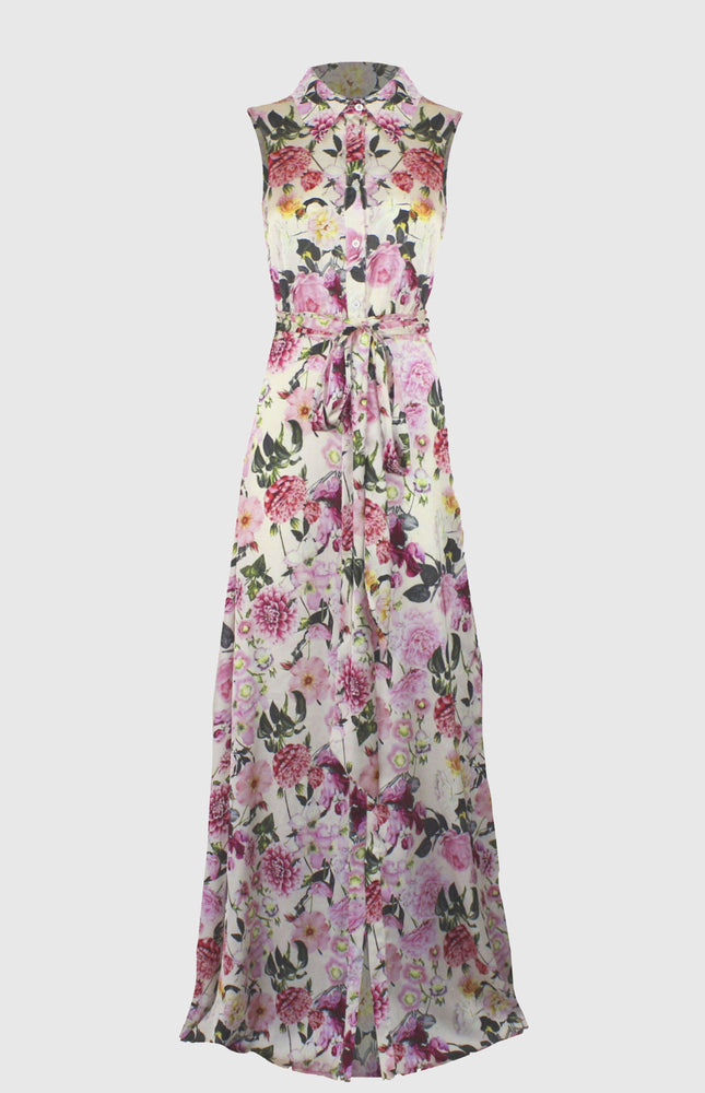 ABITO LUNGO CHEMISIER GONNA A RUOTA STAMPATO IN VISCOSA CON FUSCIACCA E BOTTONI