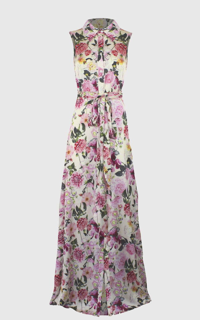 Sleeveless floral maxi dress with collar and waist tie, featuring vibrant pink and purple flowers.