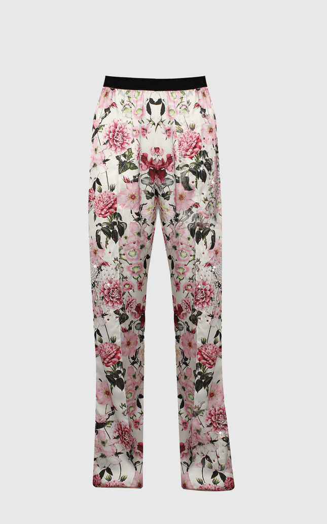 Women's floral print satin trousers with elastic waistband and pink flower design