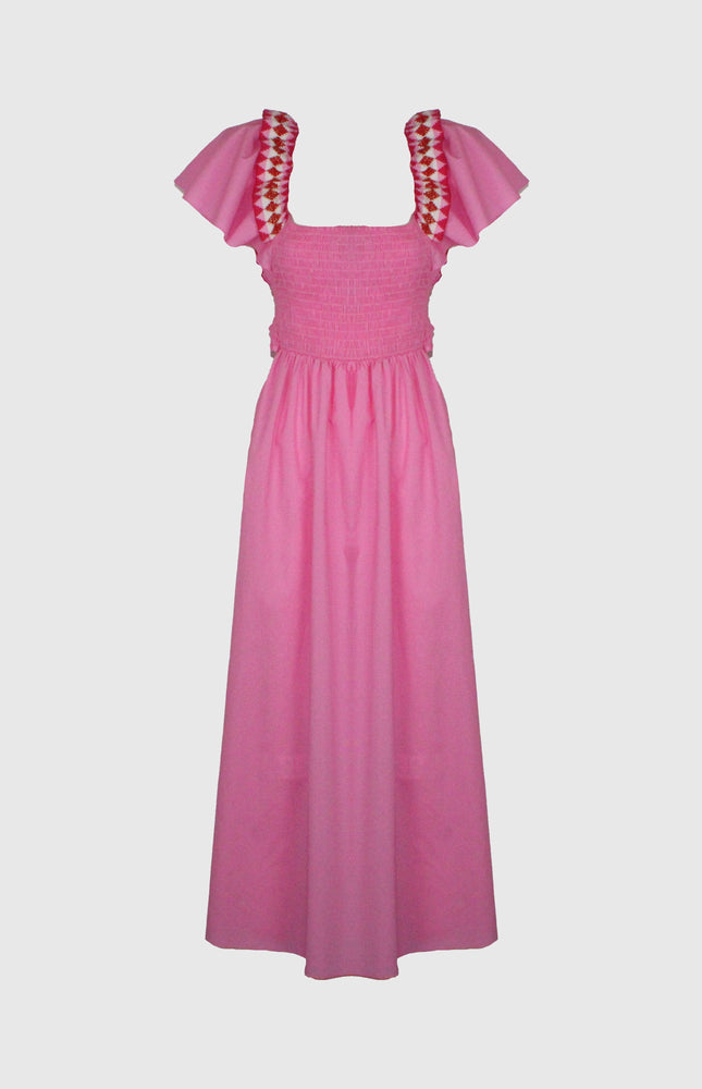 ABITO ROSA MIDI IN FRESCO COTONE PUNTO SMOCK E CORPETTO