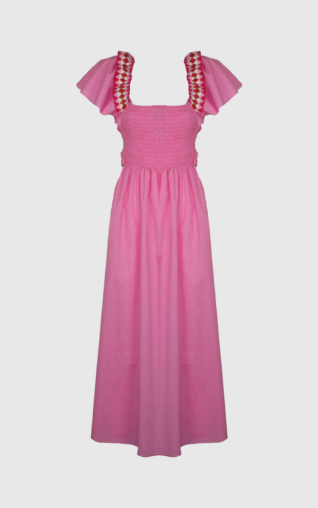Pink maxi dress with ruffled sleeves and smocked bodice, red-white patterned straps