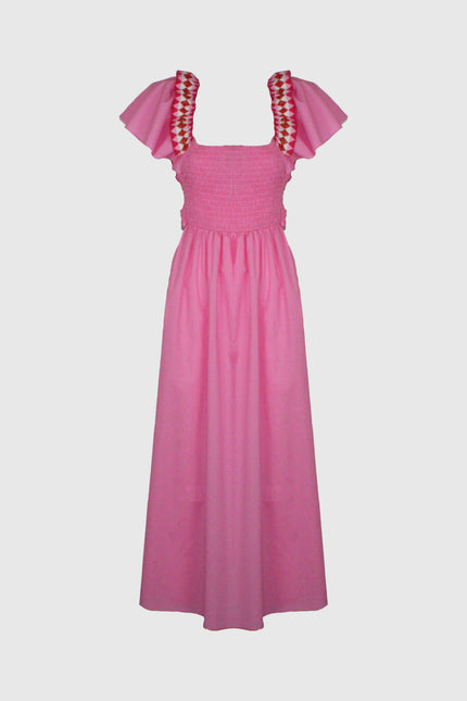Pink maxi dress with ruffled sleeves and smocked bodice, red-white patterned straps
