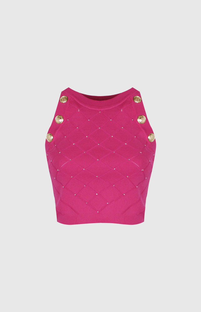 FUCHSIA SLEEVELESS KNIT TANK TOP WITH AURORA BOREALIS RHINESTONE CRYSTALS