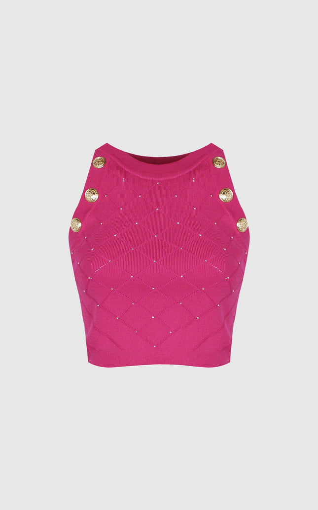 Fuchsia women’s crop top with gold decorative buttons and diamond pattern texture