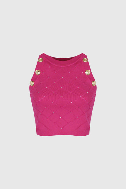 Fuchsia women’s crop top with gold decorative buttons and diamond pattern texture