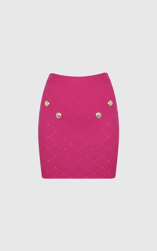 Fuchsia mini skirt with gold buttons, quilted details, and diamond pattern, women's fashion