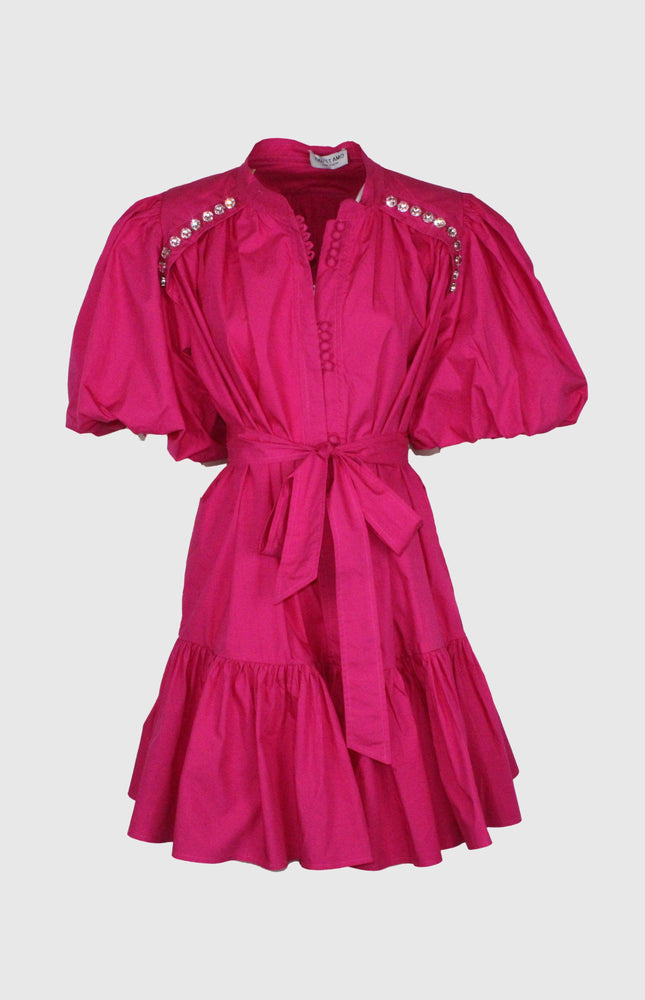 ABITO CORTO MANICHE A PALLONCINO FUCSIA IN COTONE CON CRISTALLI