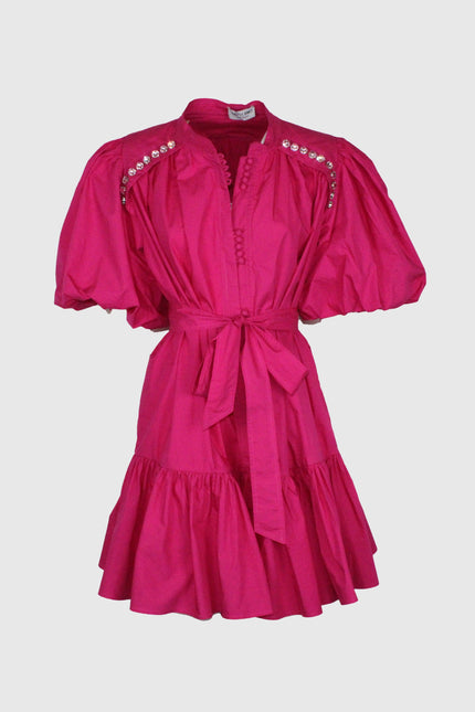 ABITO CORTO MANICHE A PALLONCINO FUCSIA IN COTONE CON CRISTALLI