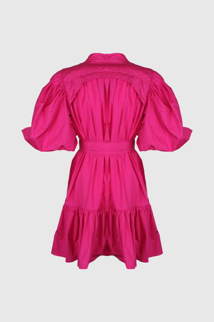 ABITO CORTO MANICHE A PALLONCINO FUCSIA IN COTONE CON CRISTALLI