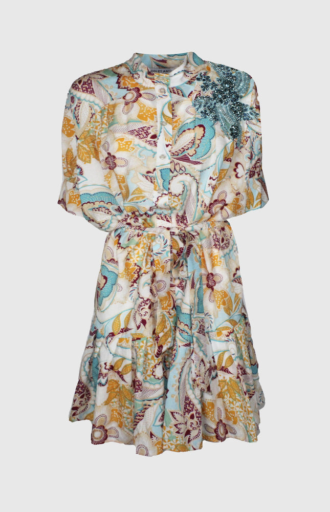 ABITO A RUOTA MODELLO CHEMISIER STAMPA MULTICOLOR CON PATCH GIOIELLO