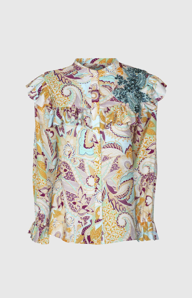 CAMICIA STAMPA MULTICOLOR ROUCHES PATCH GIOIELLLO SULLA SPALLA