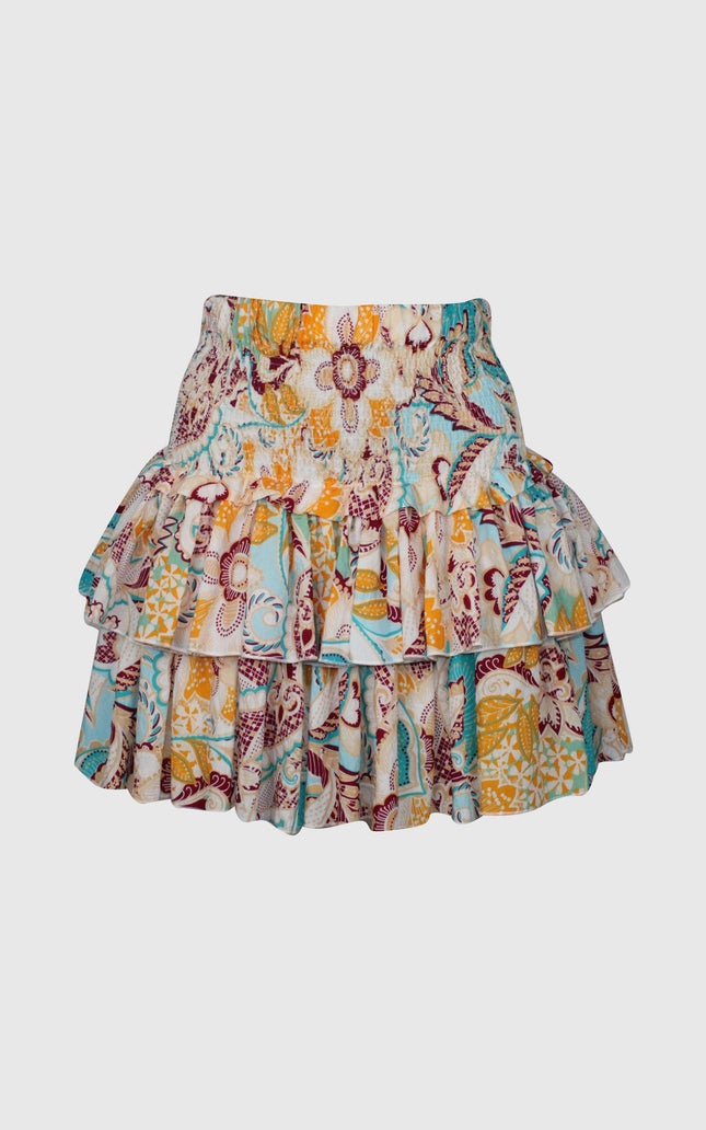 Women's tiered mini skirt with colorful floral print and ruffle details on white background