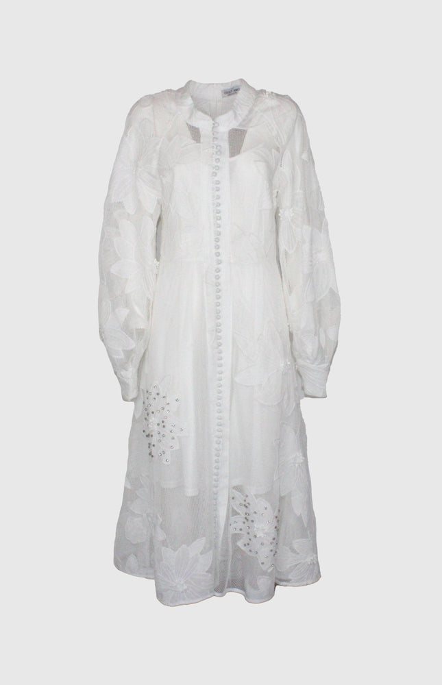 ABITO BIANCO MIDI IN PIZZO COLLO COREANO CON CRISTALLI