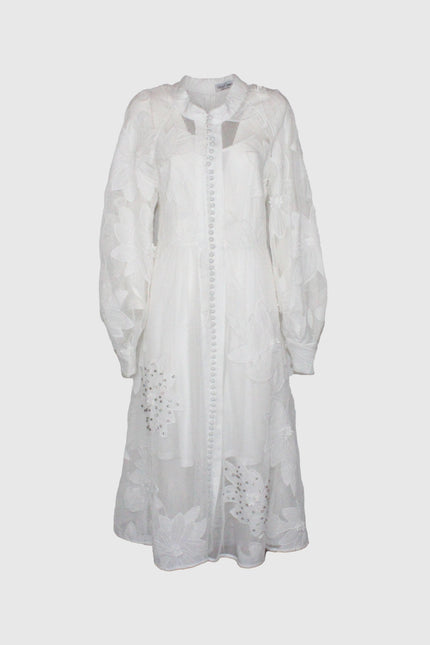 WHITE MIDI LACE DRESS WITH MANDARIN COLLAR AND CRYSTALS