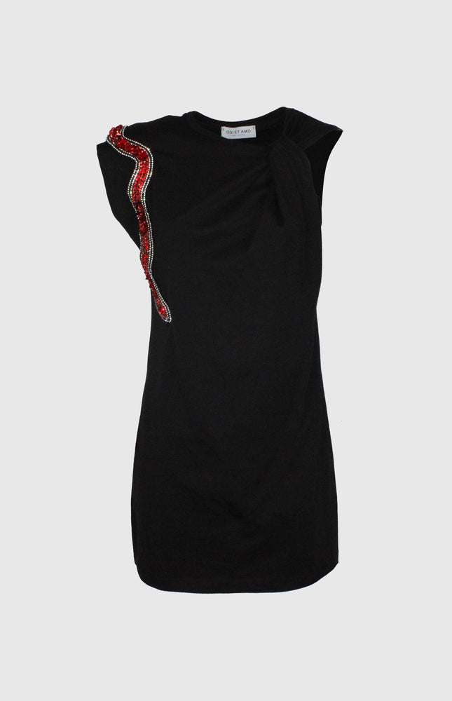 ABITO ADERENTE SMANICATO IN JERSEY CON MANICA ASIMMETRICA E SERPENTE GIOIELLO