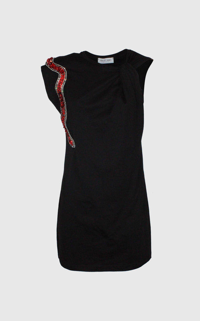 Black sleeveless dress with red beaded snake detail on shoulder, women's fashion