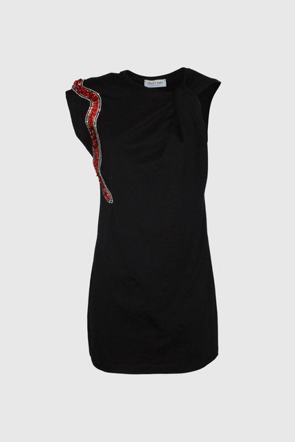 ABITO ADERENTE SMANICATO IN JERSEY CON MANICA ASIMMETRICA E SERPENTE GIOIELLO