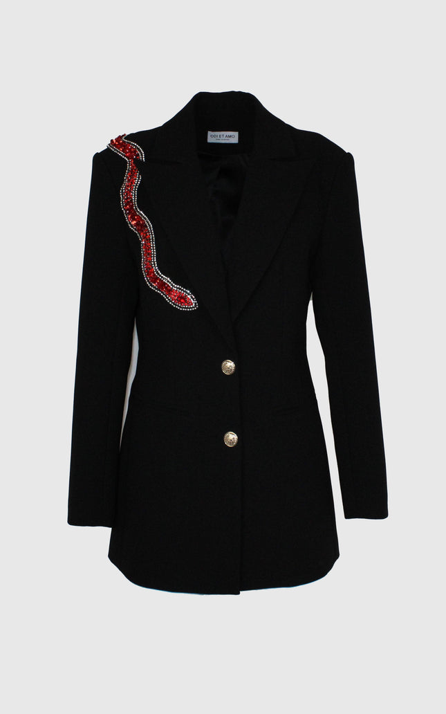 Black women's blazer with gold buttons and red beaded snake detail on shoulder