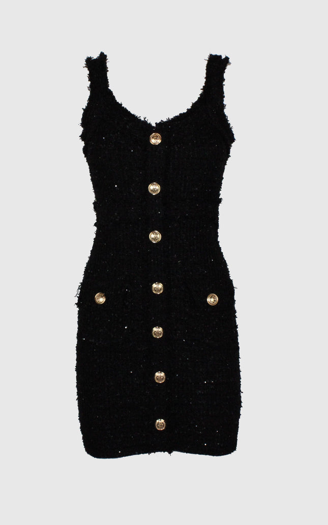Black sleeveless mini dress with textured fabric and gold front buttons