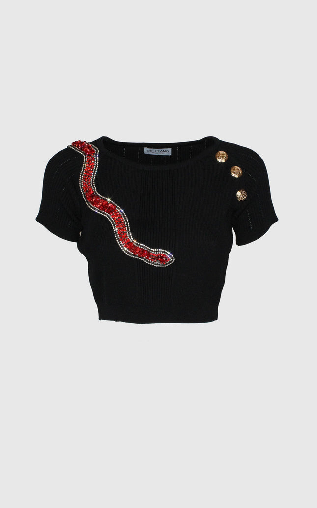 Black short-sleeve crop top with red beaded snake detail and gold buttons, women's fashion