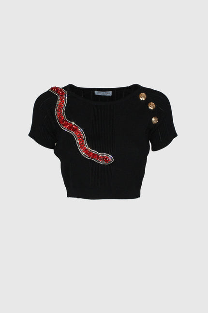Black short-sleeve crop top with red beaded snake detail and gold buttons, women's fashion