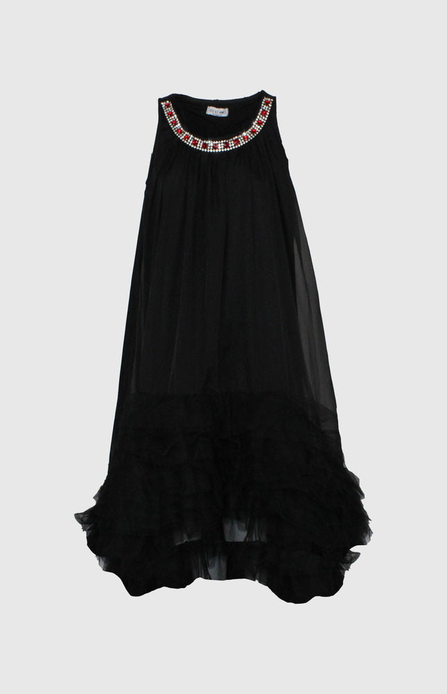 ABITO NERO MIDI LARGO IN TULLE SMANICATO CON COLLANA PIETRE PREZIOSE