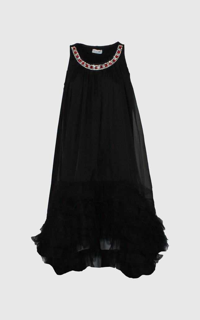 Sleeveless black dress with jeweled neckline and layered ruffle hem, fashion apparel