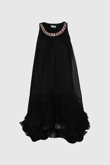Sleeveless black dress with jeweled neckline and layered ruffle hem, fashion apparel