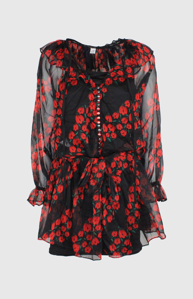 ABITO CORTO A BALZE IN CHIFFON SEMITRASPARENTE CON STAMPA FIORI ROSSI E SOTTOVESTE