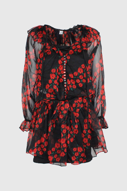ABITO CORTO A BALZE IN CHIFFON SEMITRASPARENTE CON STAMPA FIORI ROSSI E SOTTOVESTE