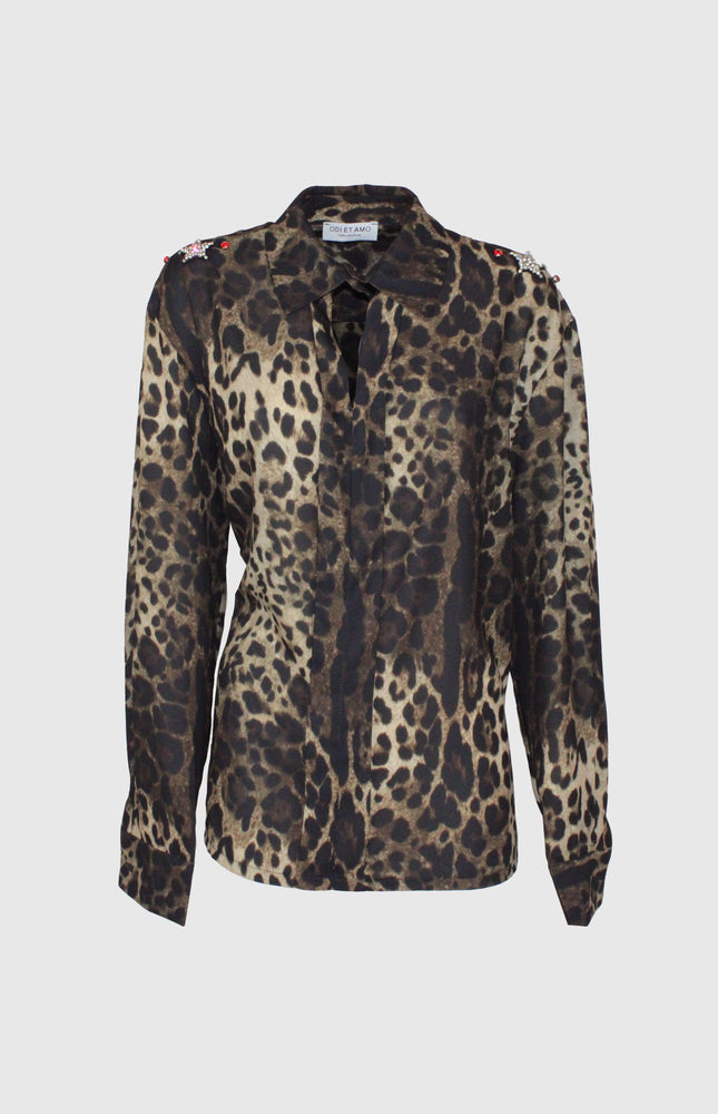 CAMICIA NORMAL FIT IN CHIFFON CON STAMPA LEOPARDO E CRISTALLI