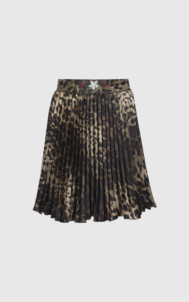 Pleated leopard print skirt with jeweled waistband detail on white background