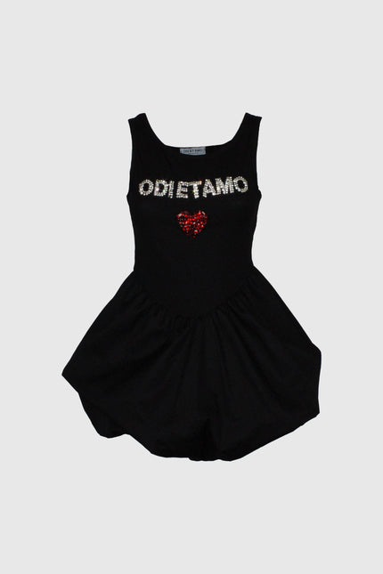 ABITO CORTO GONNA A PALLONCINO SMANICATO E CORPETTO A COSTE CON CRISTALLI