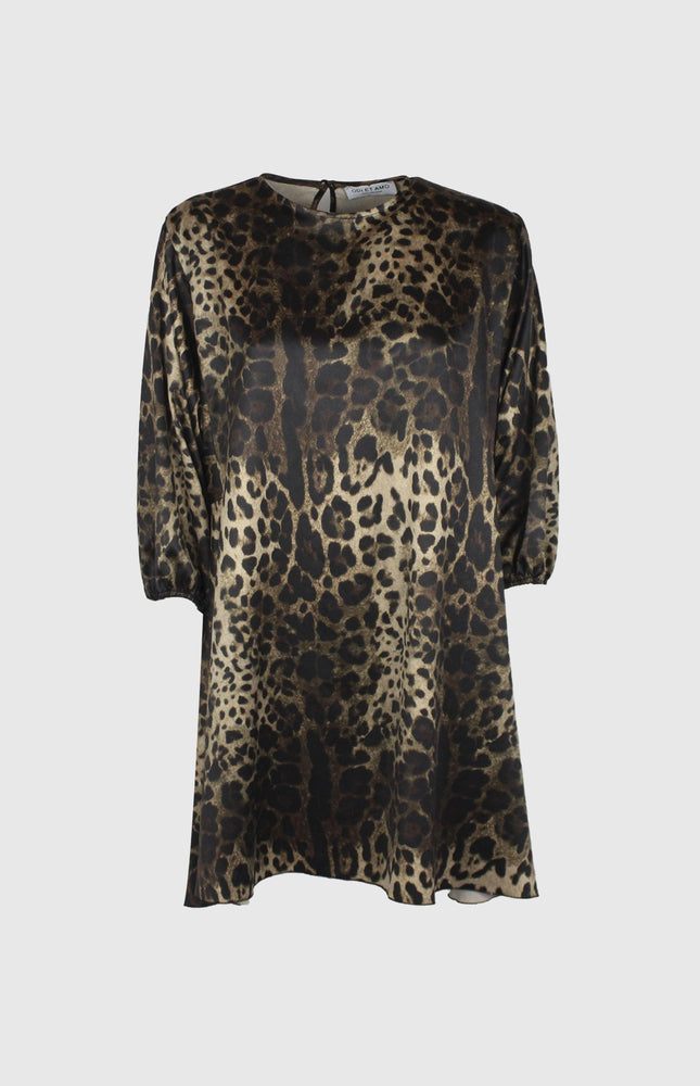 ABITO SCAMPANATO MEZZA MANICA CON STAMPA LEOPARDO E CRISTALLI NERI